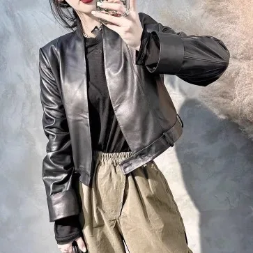 Modne, prawdziwe skórzane kurtki damskie z dekoltem w serek, z wykończeniem na mankietach, z wysokim stanem, codzienna odzież wierzchnia w stylu europejskim...