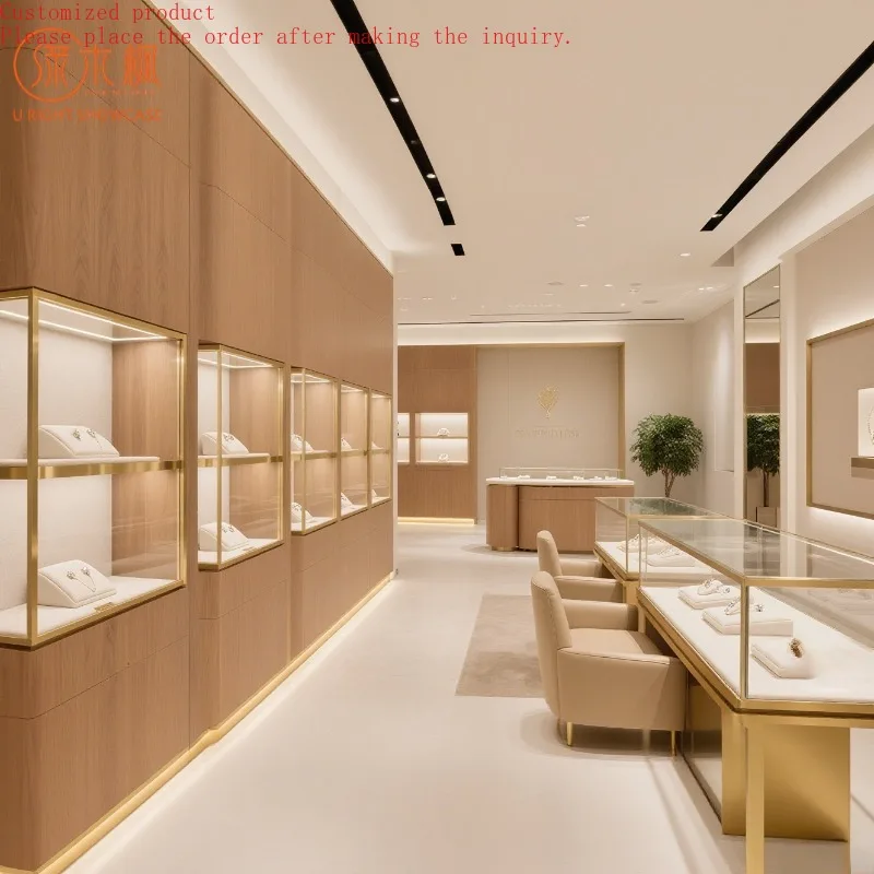

Custom.Bespoke Luxury Wooden Jewelry Display Cabinets with Gold Detailing - Custom Jewelry Store Display Solutions