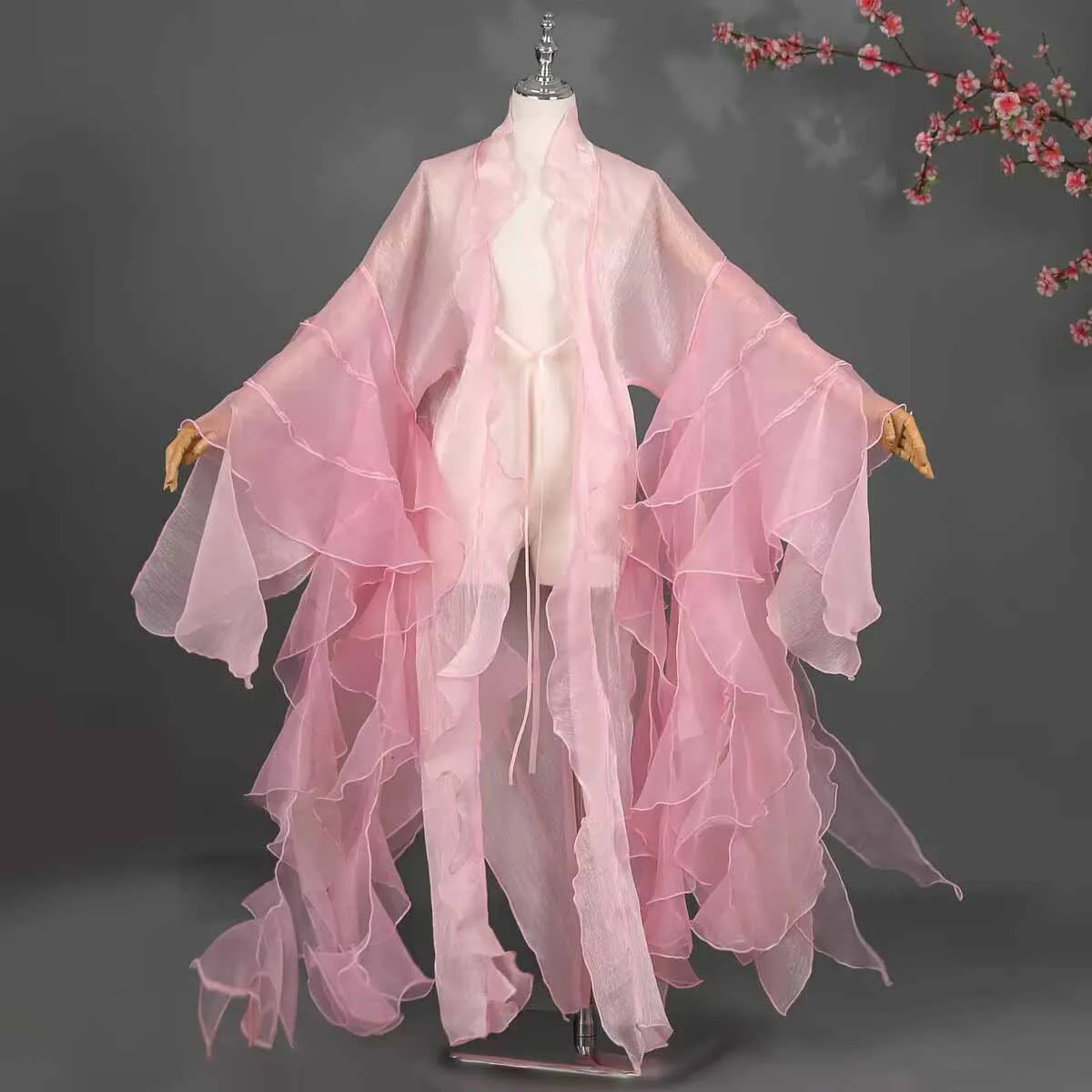 Pink Fairy Organza Hanfu Outerwear Women Flowy Ruffled Cape Chinese Style Cosplay Cover Up for Photoshoot Stage