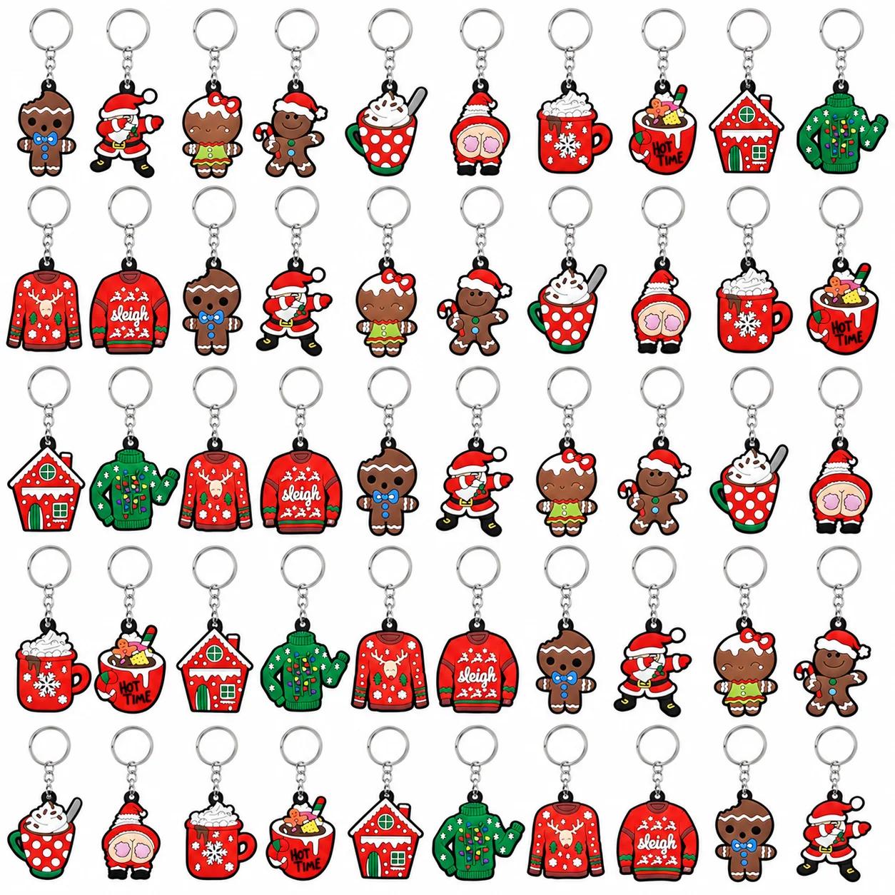 50/100pcs Christmas Keychains Set Santa Gingerbread Sweater Pendant Bag Charm Holiday Gift Party Favors Keyring Wholesale Bulk