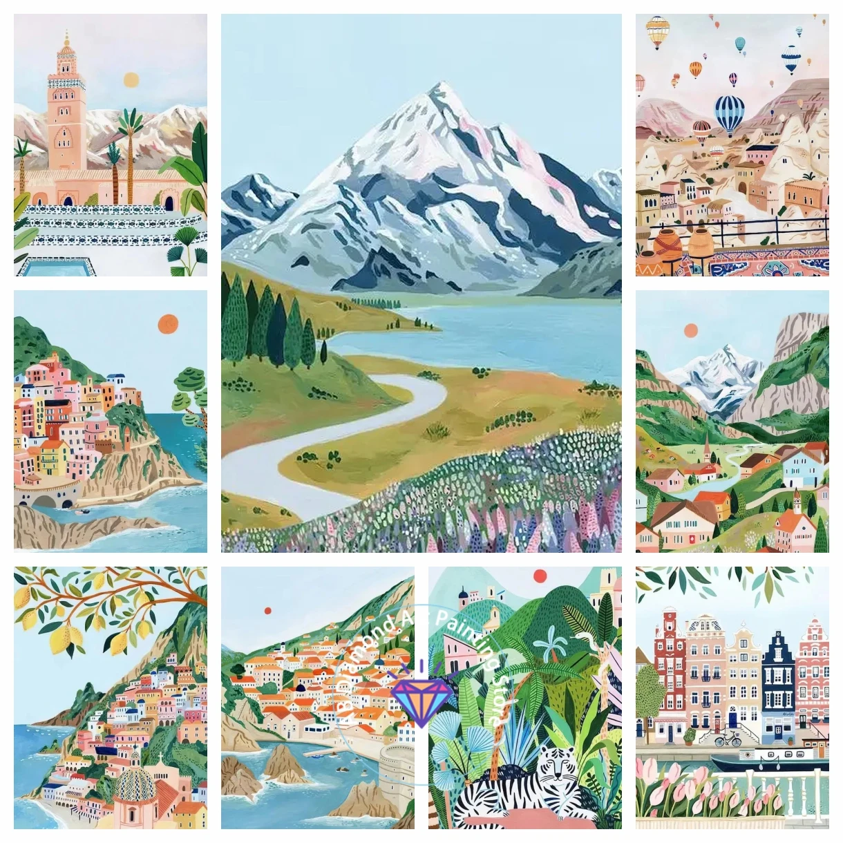 

AB Diamond Painting Kit 5D DIY Mosaic Vintage Travel Abstract Famous City Attractions Village Mountain Lake Landscape Embroidery