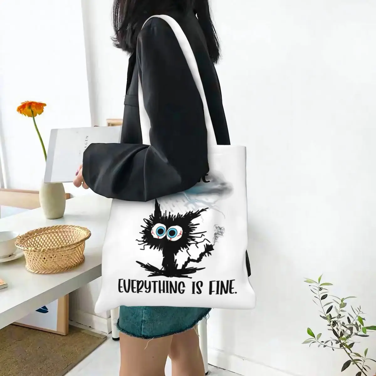 

Funny Cat Meme Everything Is Fine Canvas Tote Handbag It's Fine I'm Fine Everything Is Fine Shoulder Bags Reusable Shopper Bag