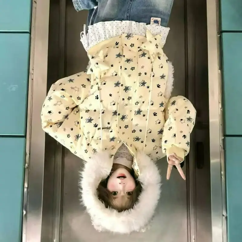 

Модная универсальная теплая короткая куртка свободного кроя для студентов, с меховым воротником и капюшоном в форме ушей, на хлопковой подкладке, для женщин, Зима 2026