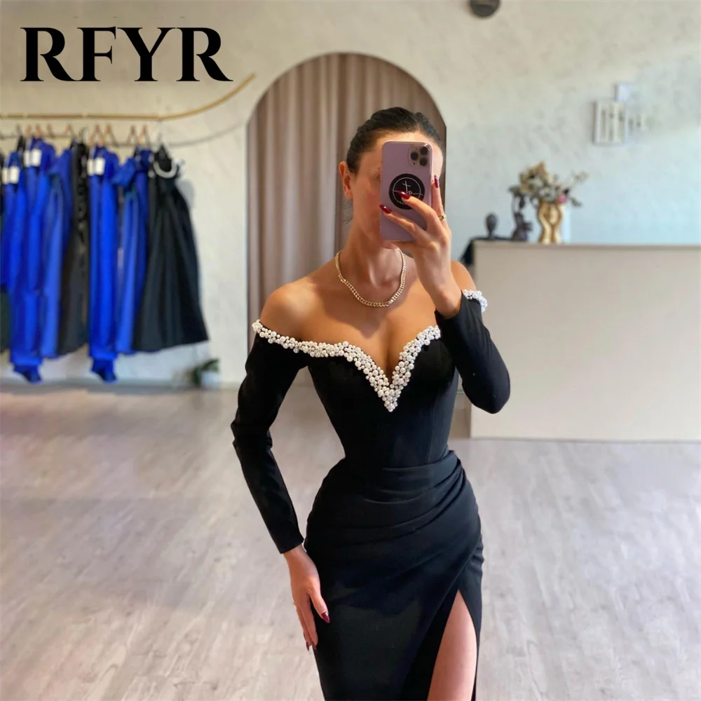 RFYR Black Evening Dresse Satin Pleat Prom Dress For Women Pearls  فستان سهرة Side Split Trumpet Vestidos De Noche Customized