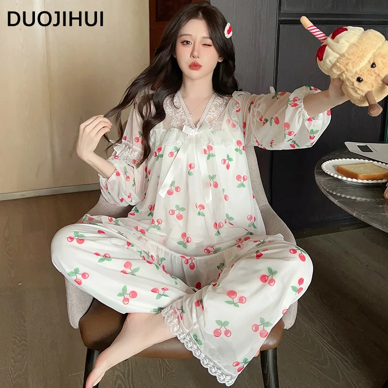 DUOJIHUI Sweet Cherry Printing Chicly Lace Female Pajamas Set Autumn New Fashion Lace-up Loose Simple Casual Pajamas for Women