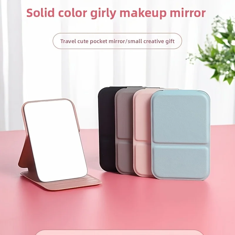 

Desktop Makeup Mirror Solid Color PU Leather Easy Portable Handheld Makeup Mirror Foldable Student Compact Cute Pocket Mirror