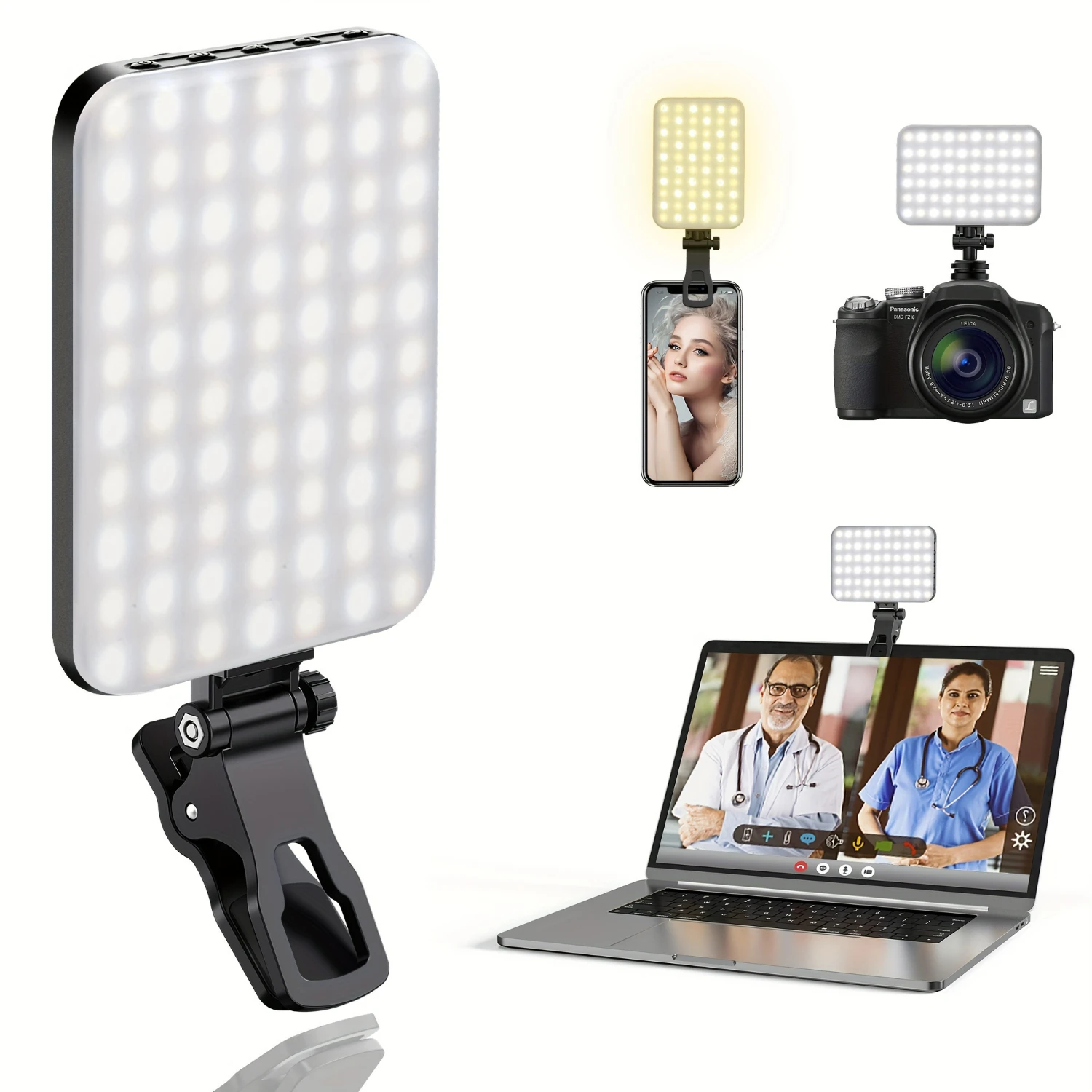 

Convenient and versatile portable 60 LED selfie light with clip and camera tripod adapter - rechargeable 2200mAh battery, high C