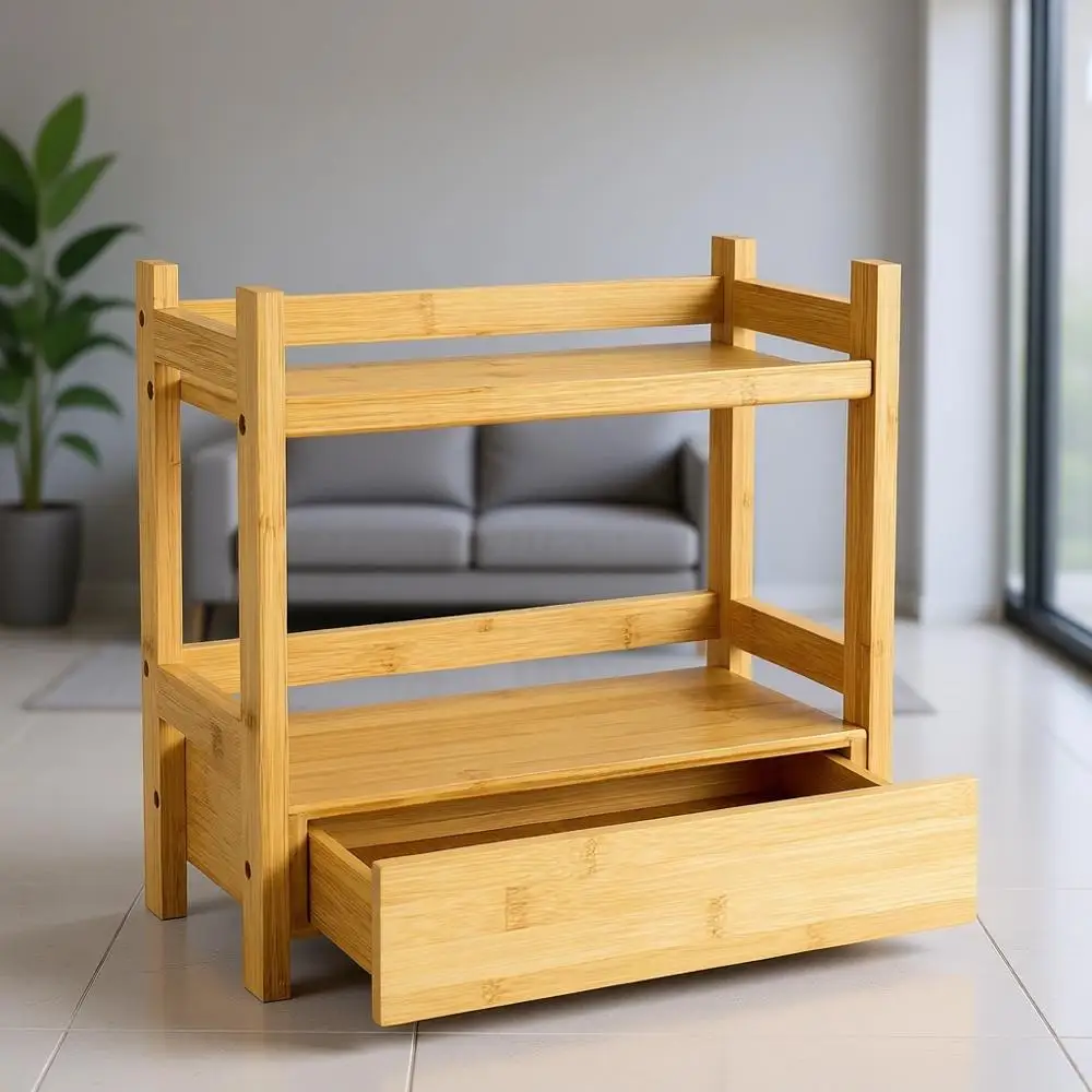 

Двухуровневый бамбуковый органайзер для столешницы с выдвижным ящиком, для хранения косметики, станции для приготовления матча, а также для использования на кухне/в офисе (13Д x 6.5Ш x 12.6В)