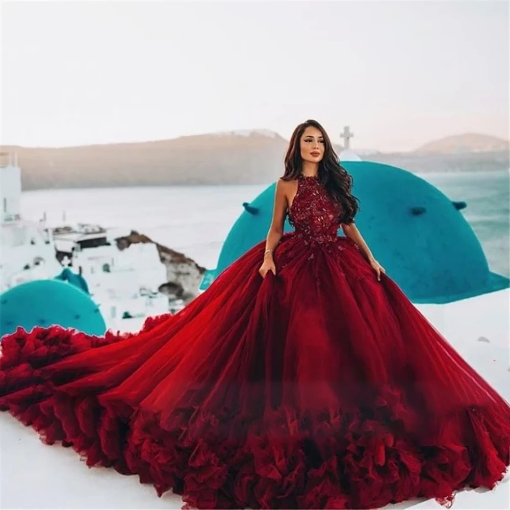 

Kadisua Gorgeous Red Wedding Dress Ball Gown Puff Sleeveless Halter Appliques Elegant Women Formal Occasion Vestidos de Novia