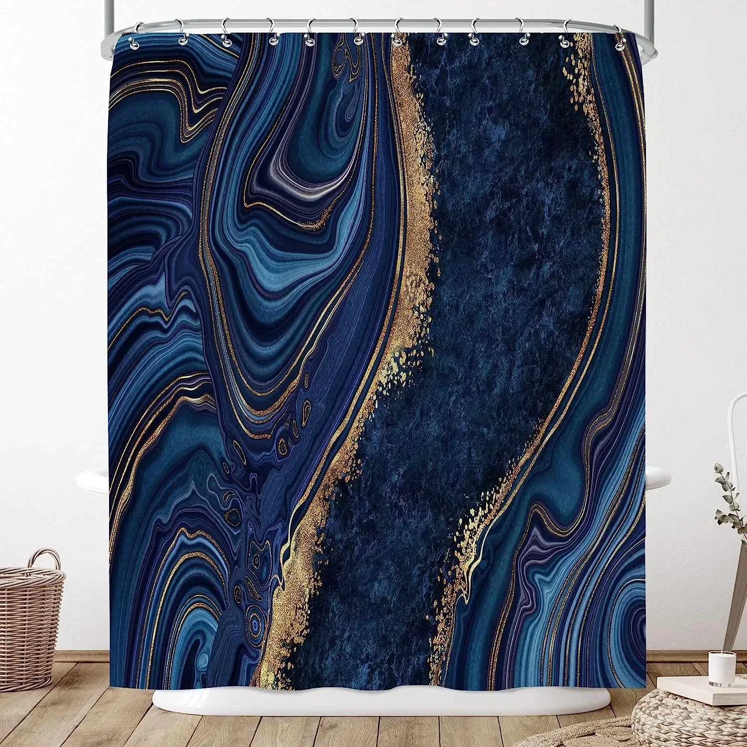 Marble Shower Curtain, Blue Curtain Set, Abstract Luxury Golden Glitter Veins Texture Curtains for Bathroom Waterproof Fabric