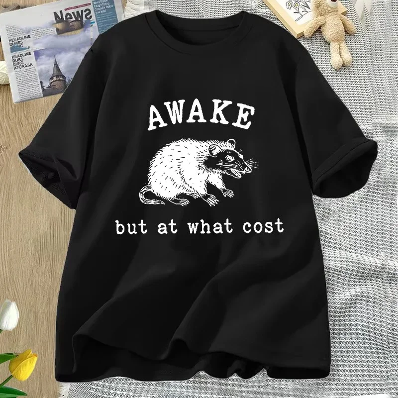 Awake But At What Cost Retro T-Shirt Women Funny Possum Graphic T-shirs Sarcastic Sayings T Shirt Round Neck Short Sleeve Tshirt