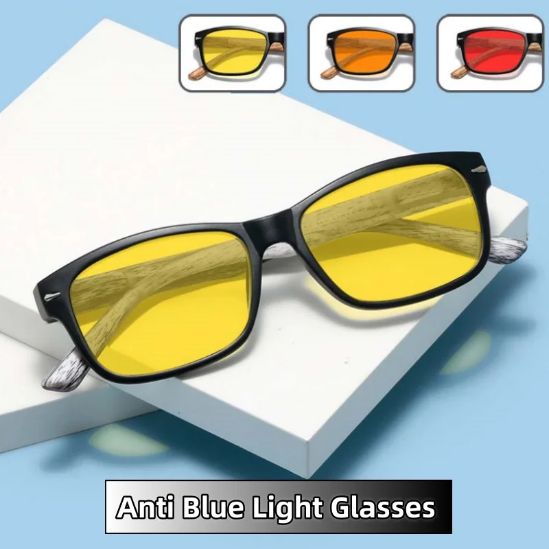 

Retro Wood-grain Leg Anti-blue Light Glasses Unisex Special Eyeglasses for Computers Orange and Red Night Vision Lenses