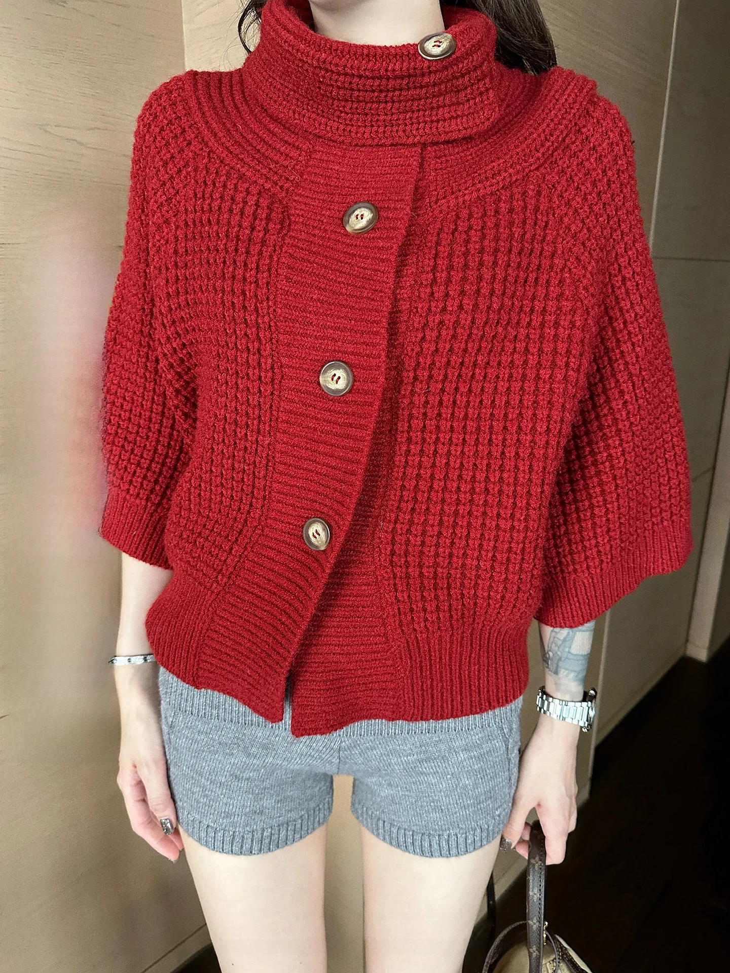 

Red High Collar Five-Quarter Sleeve Knitted Open Cardigan Loose Fit Casual Style Soft Touch Knitwear for Women Spring New Arr...