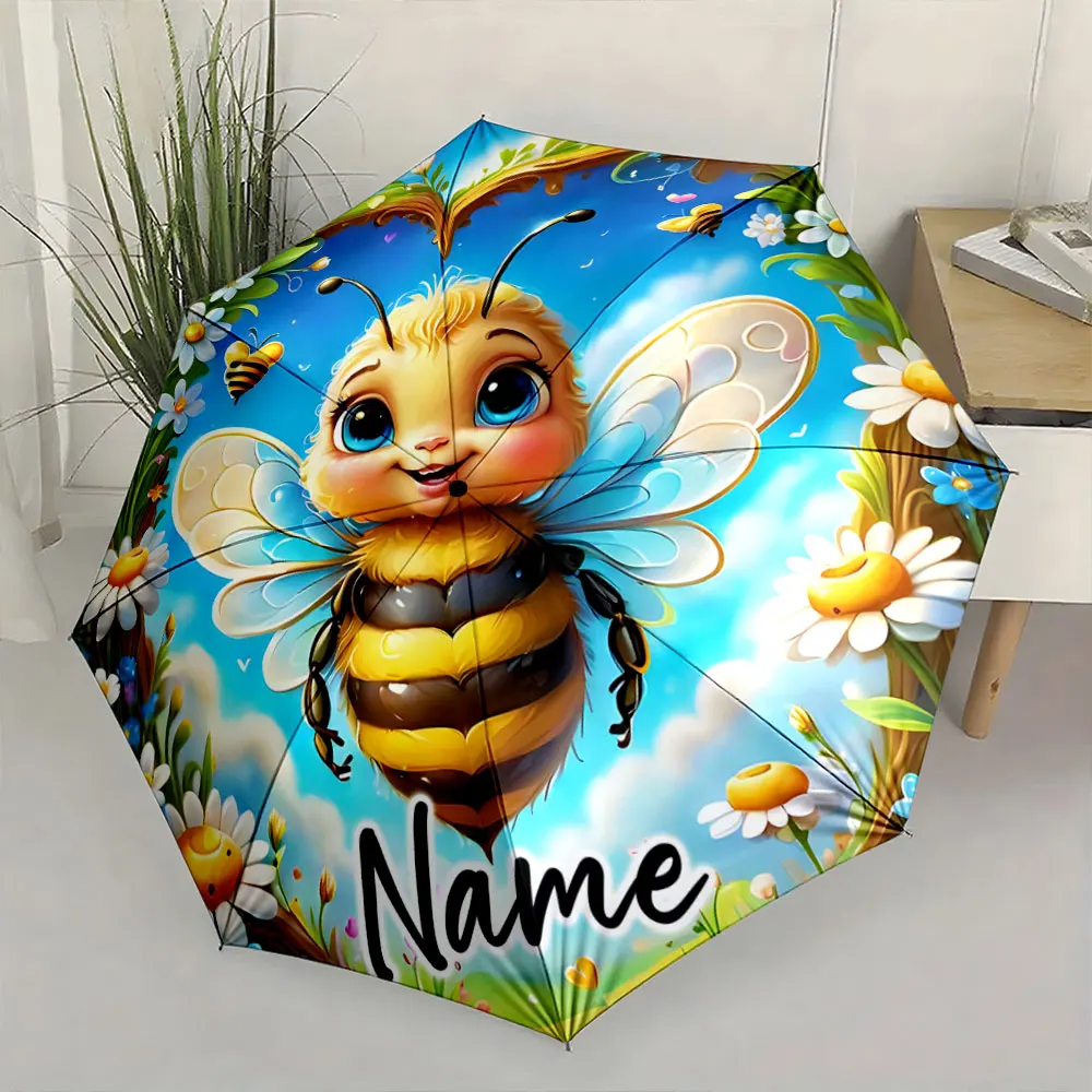 Custom Name  Bright Bee-Themed Umbrella with Nature Motifs Print 8 Iron Ribs Folding Umbrella Auto-Open Fashion Sunshade