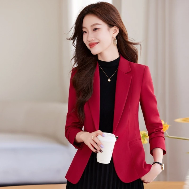 

New Spring Autumn Red Blazer Women Long Sleeve Single Button Office Ladies Jacket Business Work Wear Formal Coat Casual Tops
