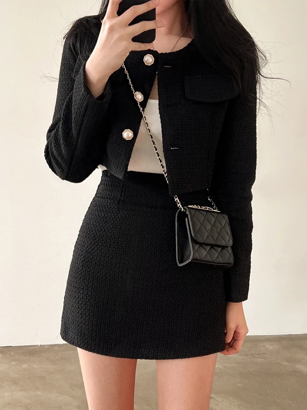 Chique ronde Ne Long Sve Tweed Jaet ort Top plus A-lijn rok Dames Faion Set Herfst Nieuwe collectie voor tieners