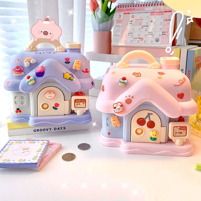 Cute House Piggy Bank With 3D Sticker Kawaii Large Size Safe Money Box Organizer With Key Birthday Gift For Girl Boy Kids Adults