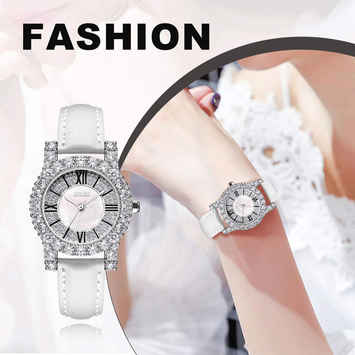 READ Ladies Quartz Watch | Silver‑Tone Decor Bezel | White PU Band | Shell Dial | Roman Numerals | 30M Daily Water Resistant