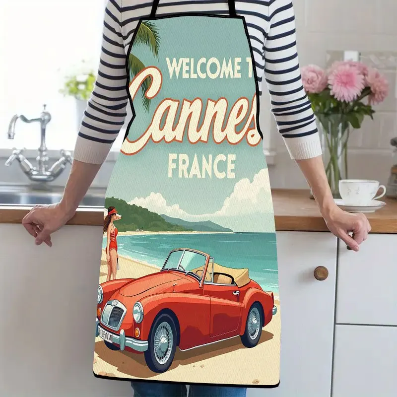 1pc, Vintage Car On Cannes Beach Suitable For Ladies And Gentlemen A Kitchen Cooking Apron That Is Essential For Household Chore