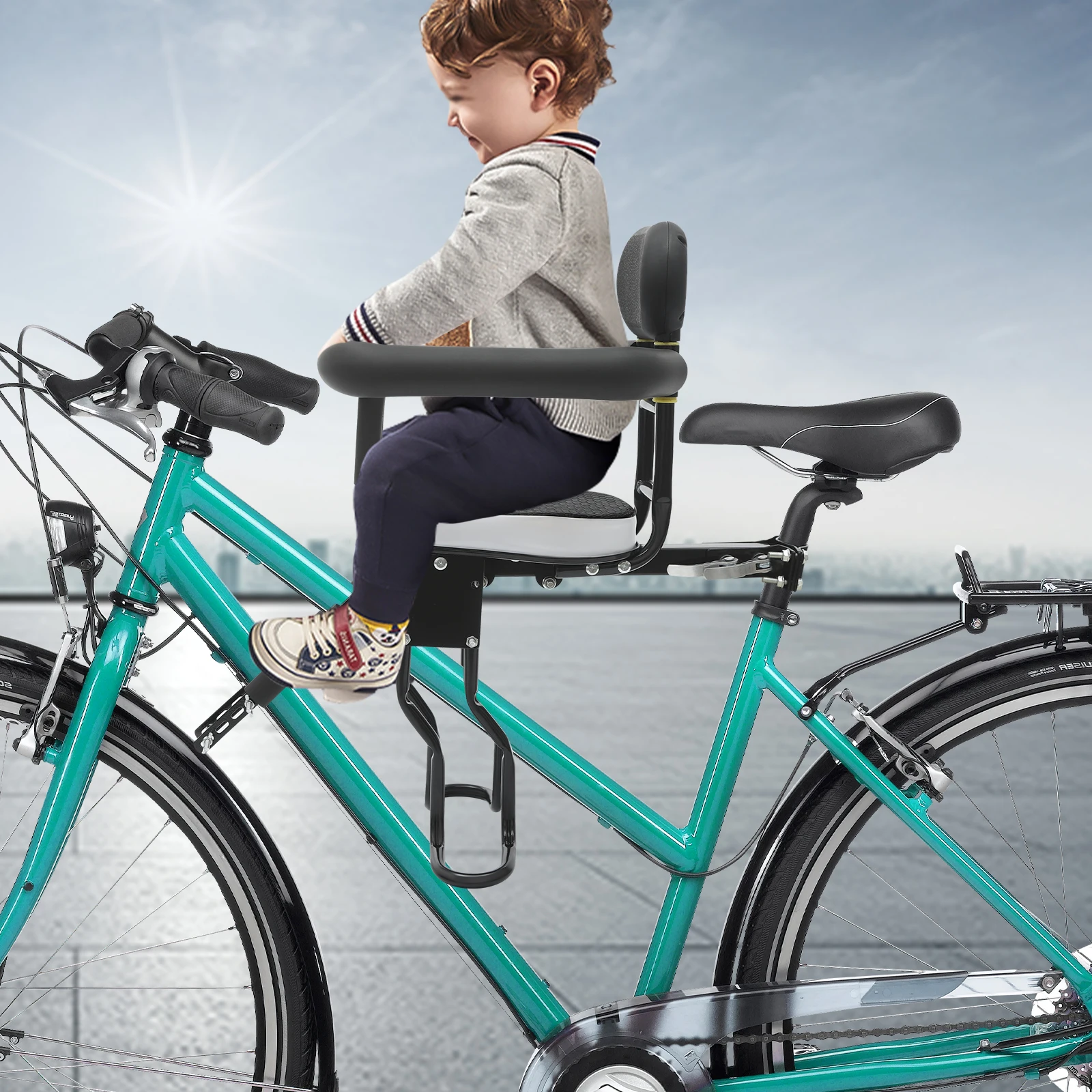 Seggiolino Nero per Bicicletta per Bambini, Distanza e Altezza del Pedale Regolabili, Portabimbi Anteriore, Sicuro per Bambini da 1 a 5 Anni