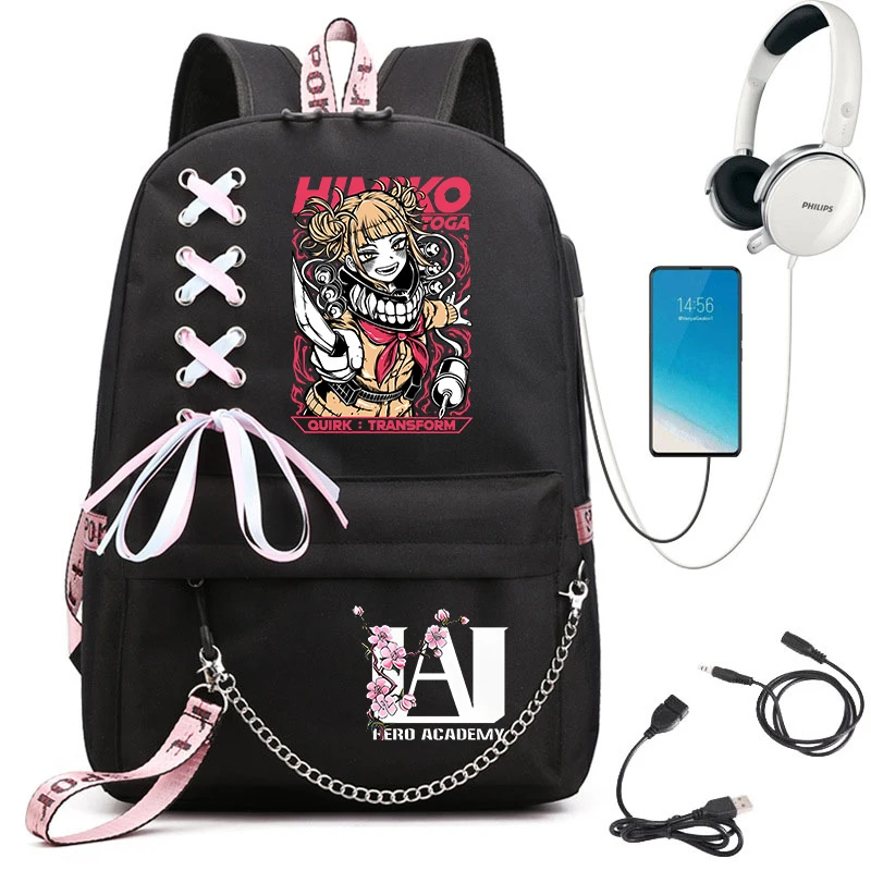 My Hero Academia Anime Print Student Backpack with Webbing Straps Girls School Bag Lightweight Casual Daypack