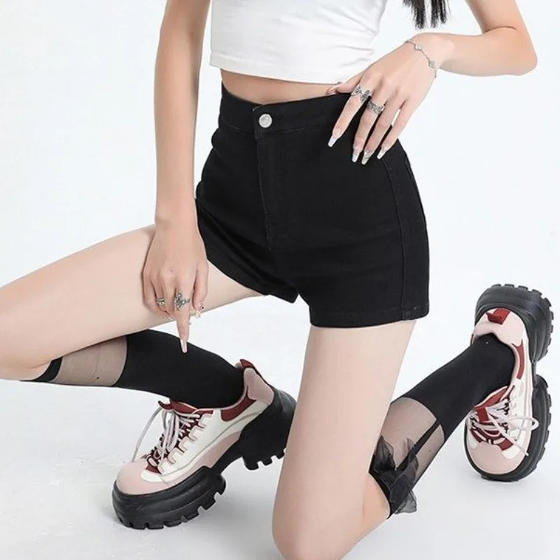Shorts feminino preto cintura alta em linha reta denim dança hip-cobrindo all-match coreano na moda chique popular verão ins faculdade diariamente