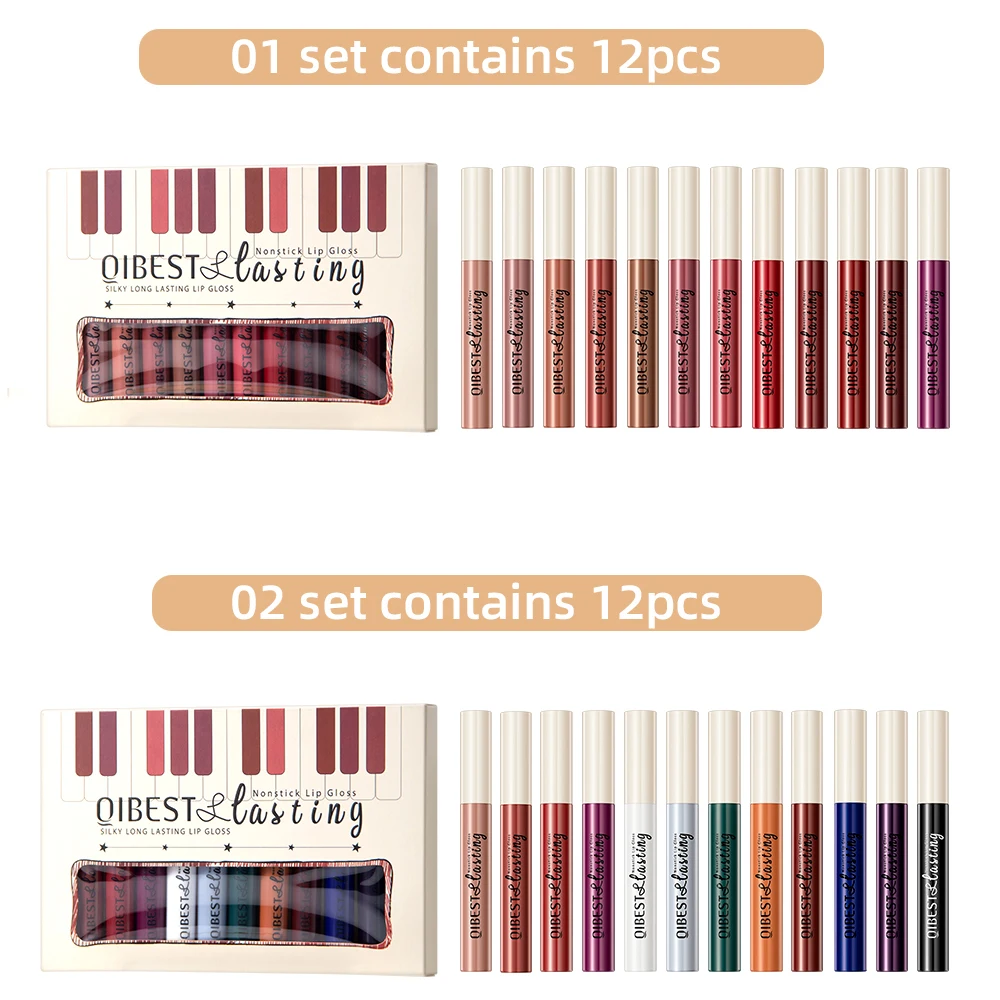 QIBEST 12pcs/set Matte Liquid Lipstick Waterproof Lasting Velvet Nude Red Lip Gloss Lint Tube Makeup Cosmetic Lipsticks Lipgloss