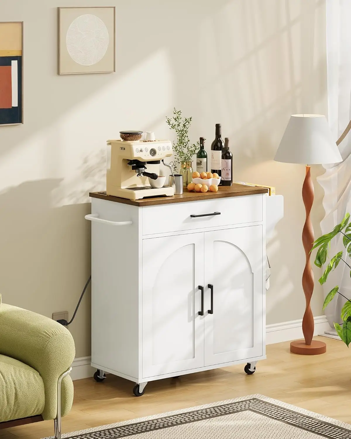 White and Walnut Kitchen Island Cart with Power Outlet, Storage, and Wheels for Easy Mobility