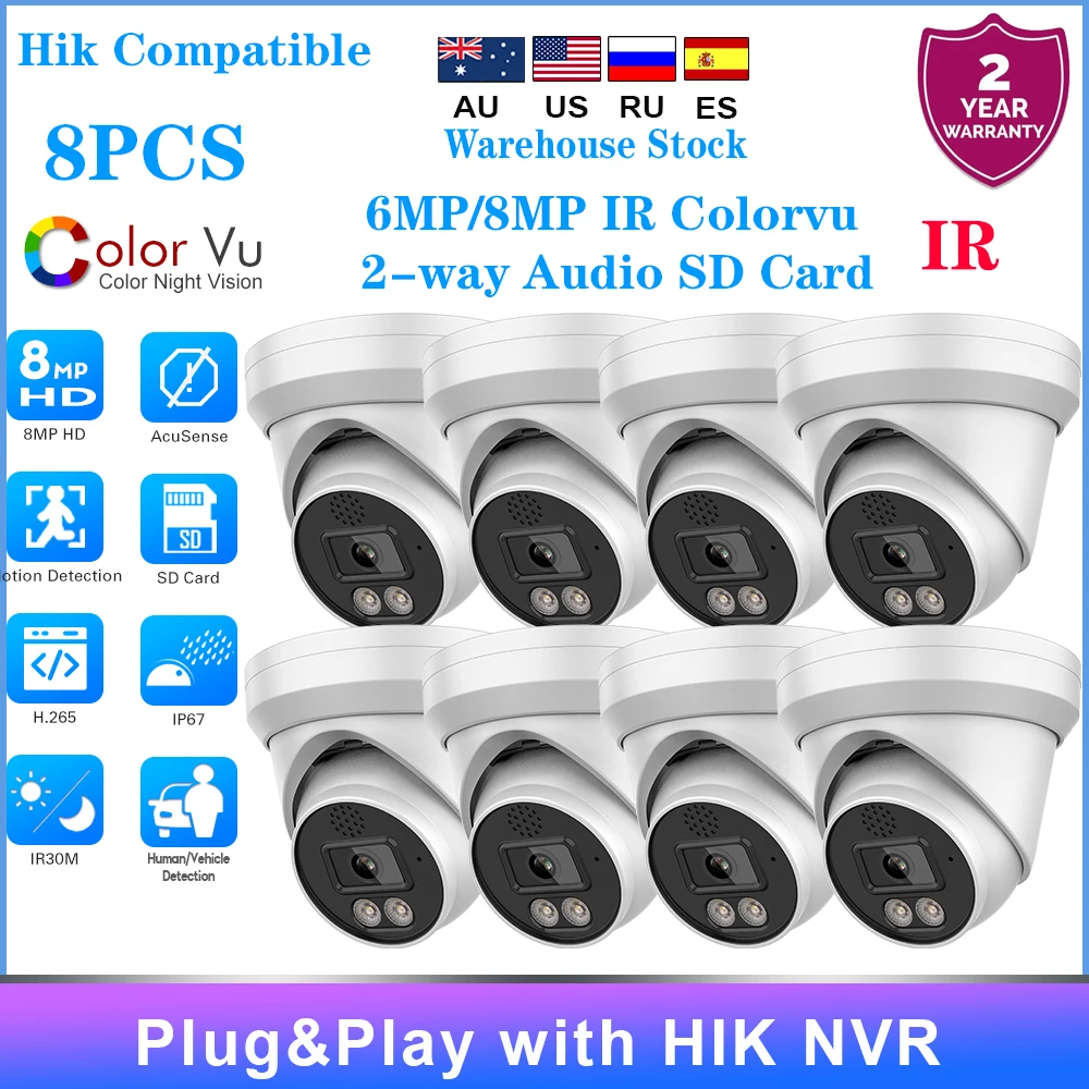 

8PCS Kits 4K 8MP Security Camera 6MP Color Night PoE IR Two-way Audio Built-in Mic Speaker Hikvision Protocol Video Surveillance