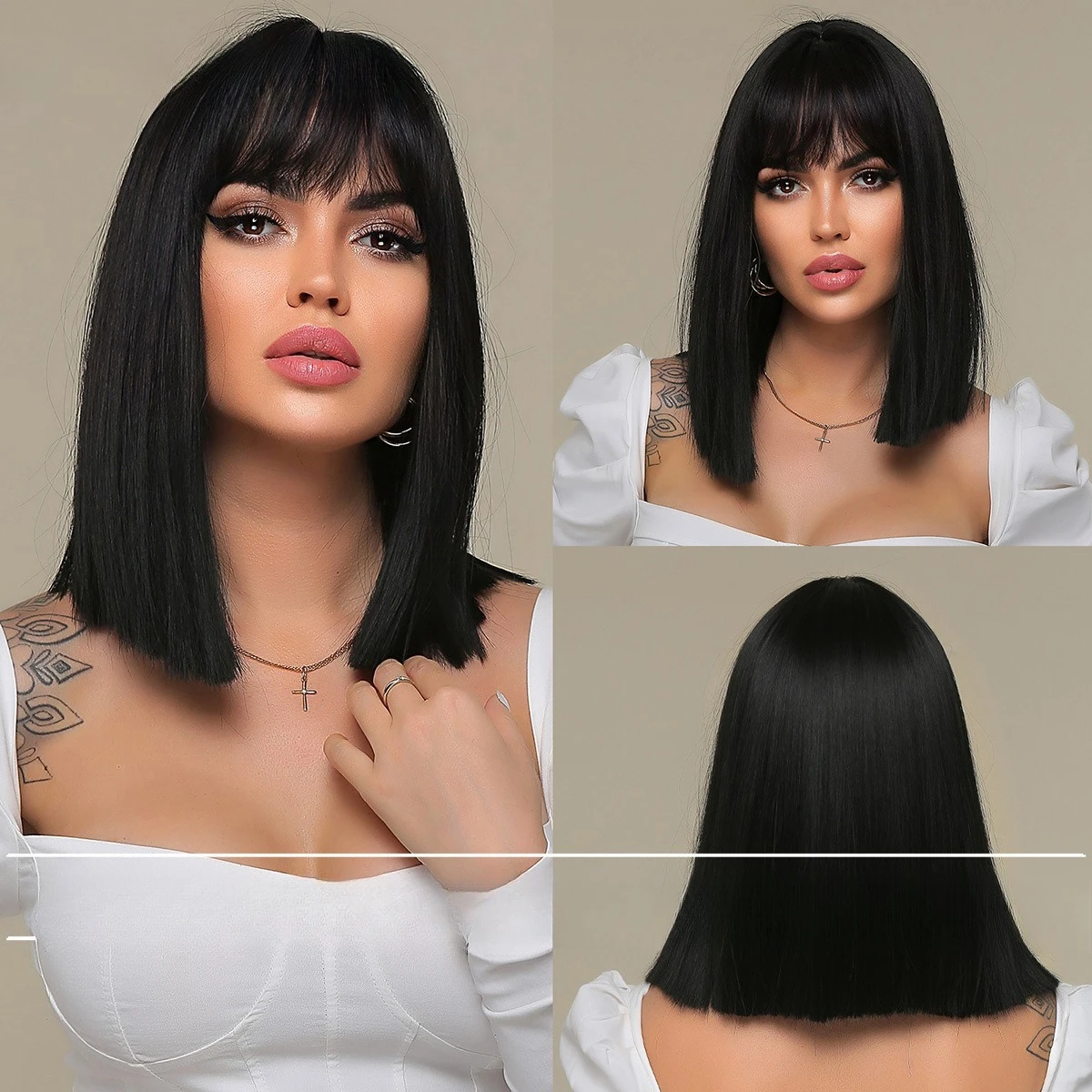 

European and American fashion new wig woman, natural black, bangs, shoulder-length bobo, short straight hair, full headgear
