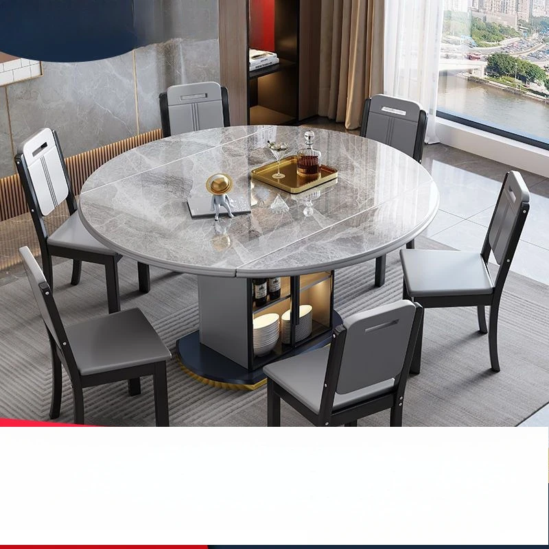

Italian light luxury rock slab dining table and chairs square and round dual-purpose folding small apartment household dining ta