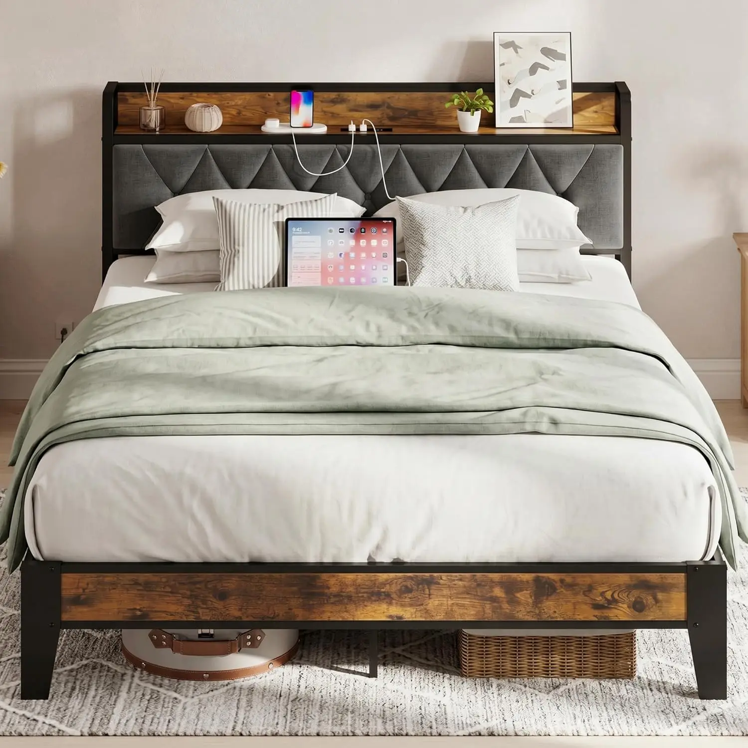 

Full Upholstered Tufted Bed Frame with Storage USB Charging Station No Box Spring Sturdy Quiet Modern Vintage Style, Customized