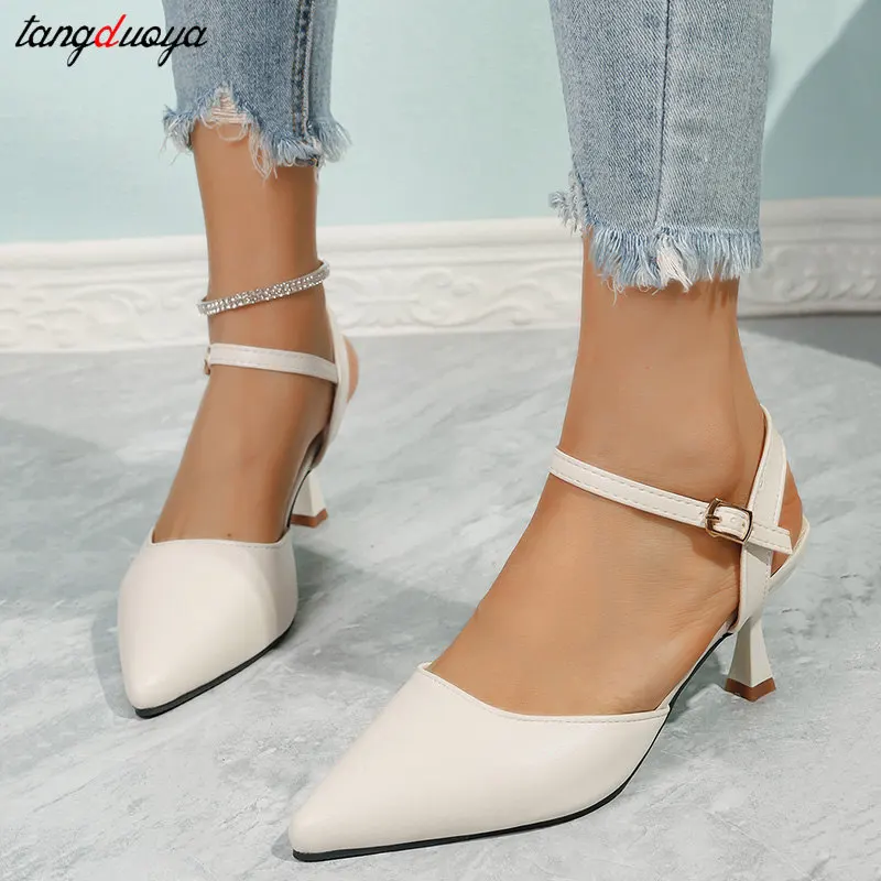 Soft Leather Solid Color Sandals Women 2025 Spring New pointed Toe high heels Patent Women Elegant Buckle Strap Party pumps 43