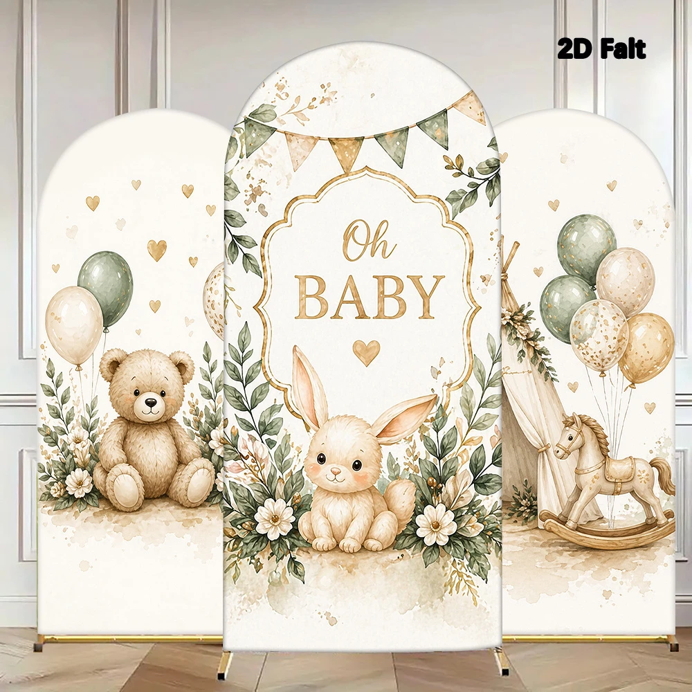 Toile de fond arquée VIKAMA à motif animaux de la forêt neutres, feuilles vertes et fleurs, en Spandex, pour cabine photo de baby shower