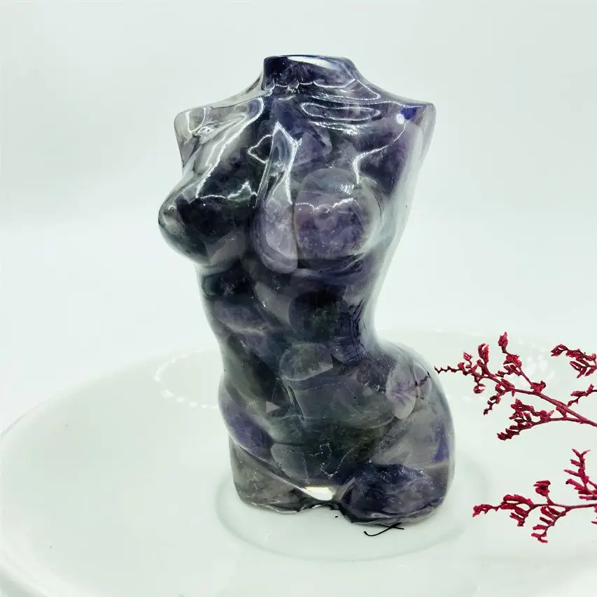 

85mm Natural Dreamy Purple Crystals Rock Mineral Resin Goddess Statue Woman Torso Energy Gem Body Sculpture Healing Crafts