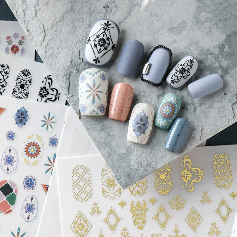 

1 Sheet 3D Bohemia Nail Art Stickers Adhesive Sliders White Nail Transfer Decals Bohemian Nails Wraps Golden Nail Decorations