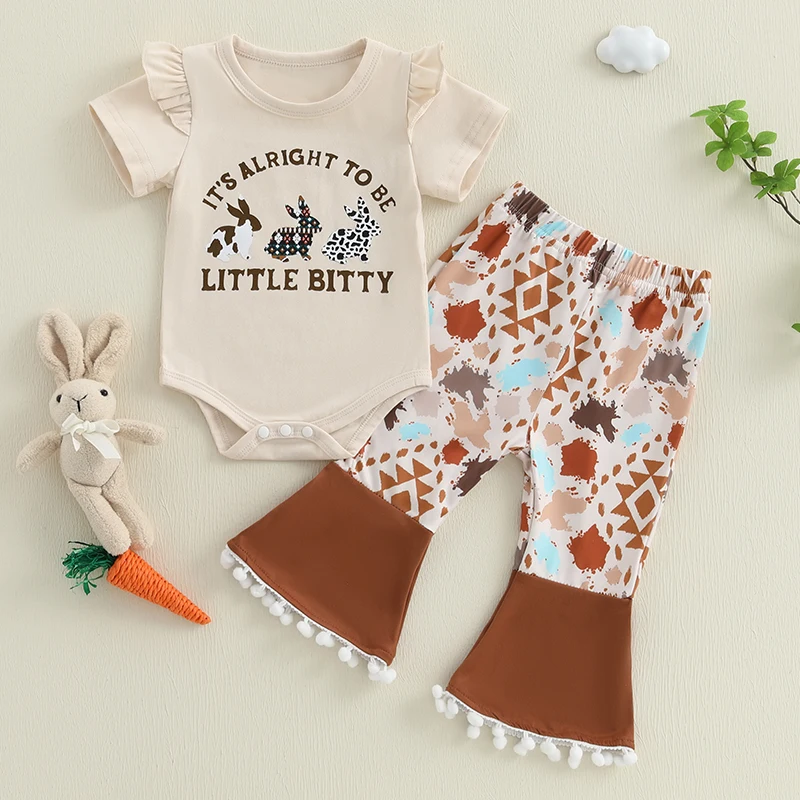 

2024-12-16 Lioraitiin Baby Girl Easter Outfits Letter Print Short Sleeve Round Neck Romper + Pattern Flare Pants 2Pcs Set