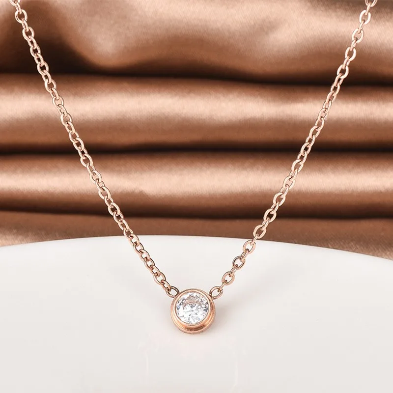 Simple Stainless Steel Single CZ Pendant Necklace for Women Girl