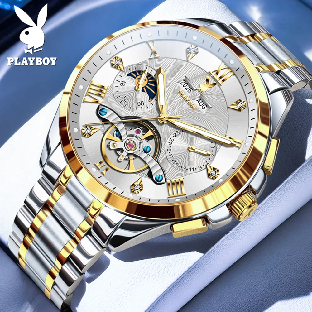 

PLAYBOY 3090 Luxury Men's Automatic Mechanical Wristwatch Skeleton Moon Phase Watch Waterproof Business Casual Male Watches