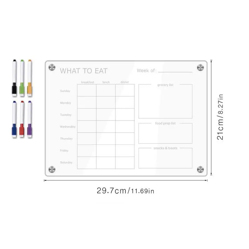 Meal Planner For Fridge Weekly Meal Prep Planner Clear Acrylic 6 Colorful Pens Erasable Fridge Notepad With Magnet Grocery List