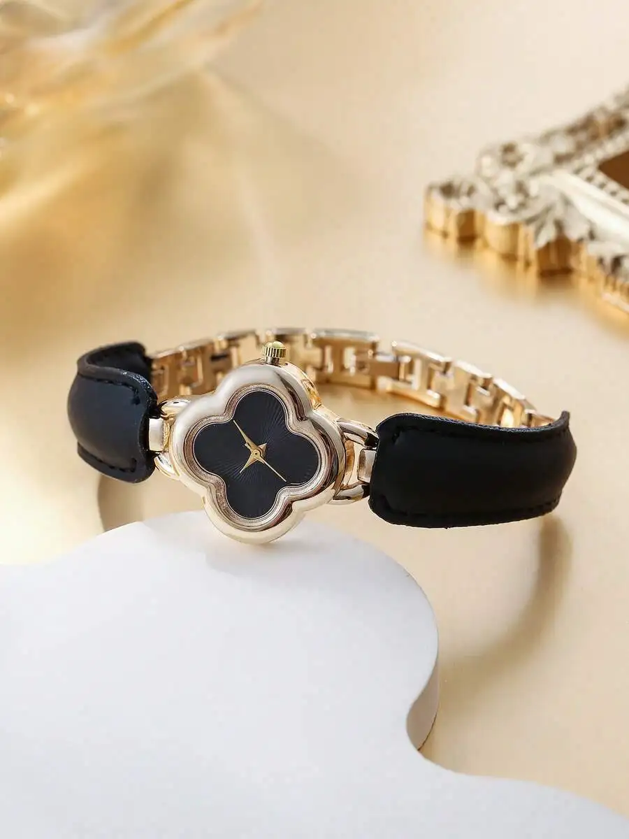 A Lucky Four-Leaf Clover Watch Niche Luxury High-End Temperament Ladies Retro Quartz Watch, Genuine Leather Strap, Suitable For