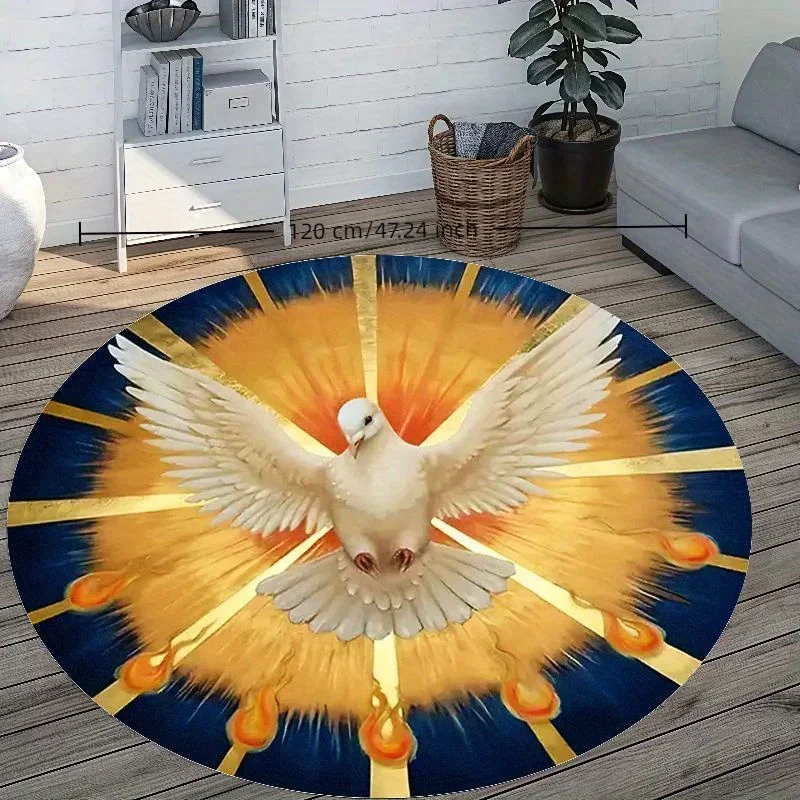 Holy Spirit White Dove Golden Flame Round Rug Spiritual Peace Dove Sunburst Circular Mat Religious Faith Living Room Carpet