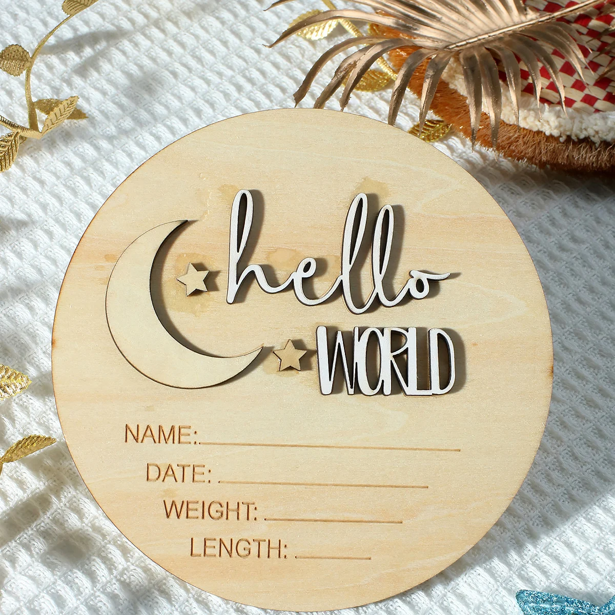 Ylsteed Wooden Baby Birth Announcement Sign for Hospital Moon Star Design Hello World Newborn Name Sign Newborn Photo Props