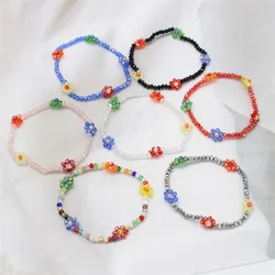 Natural Crystal Glass Stone Beads Bracelet Hand Woven Daisy Flower Clear Stretch Chain Bangle Boho Jewelry Party Wedding Gifts