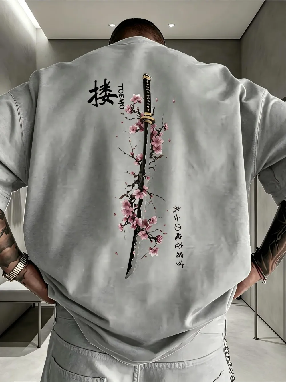 American men's summer samurai sword cherry blossom branch print comfortable and breathable round neck TYshirt outdoor street top