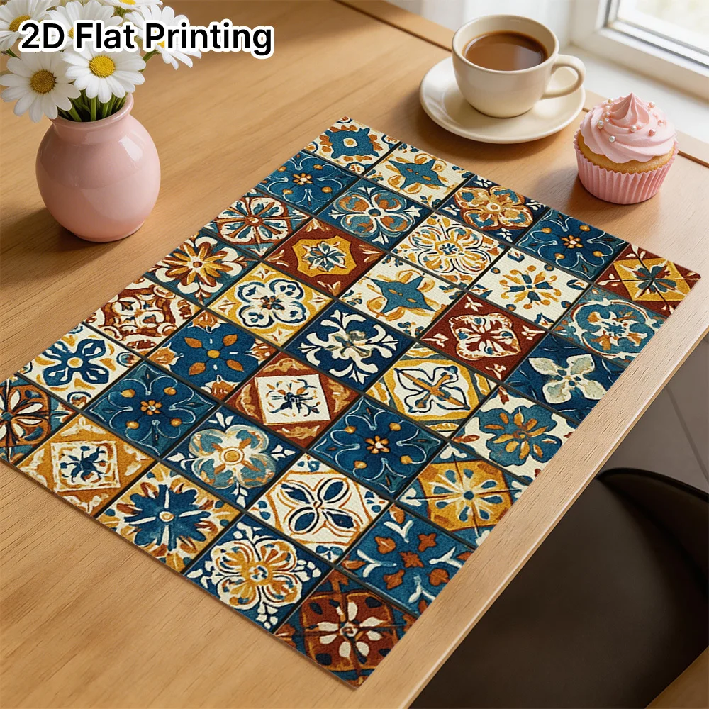 Vintage Tile Placemat Floral Patchwork Moroccan Pattern Dining Table Mat Heat Resistant Kitchen Decor Party Tableware Set of 4