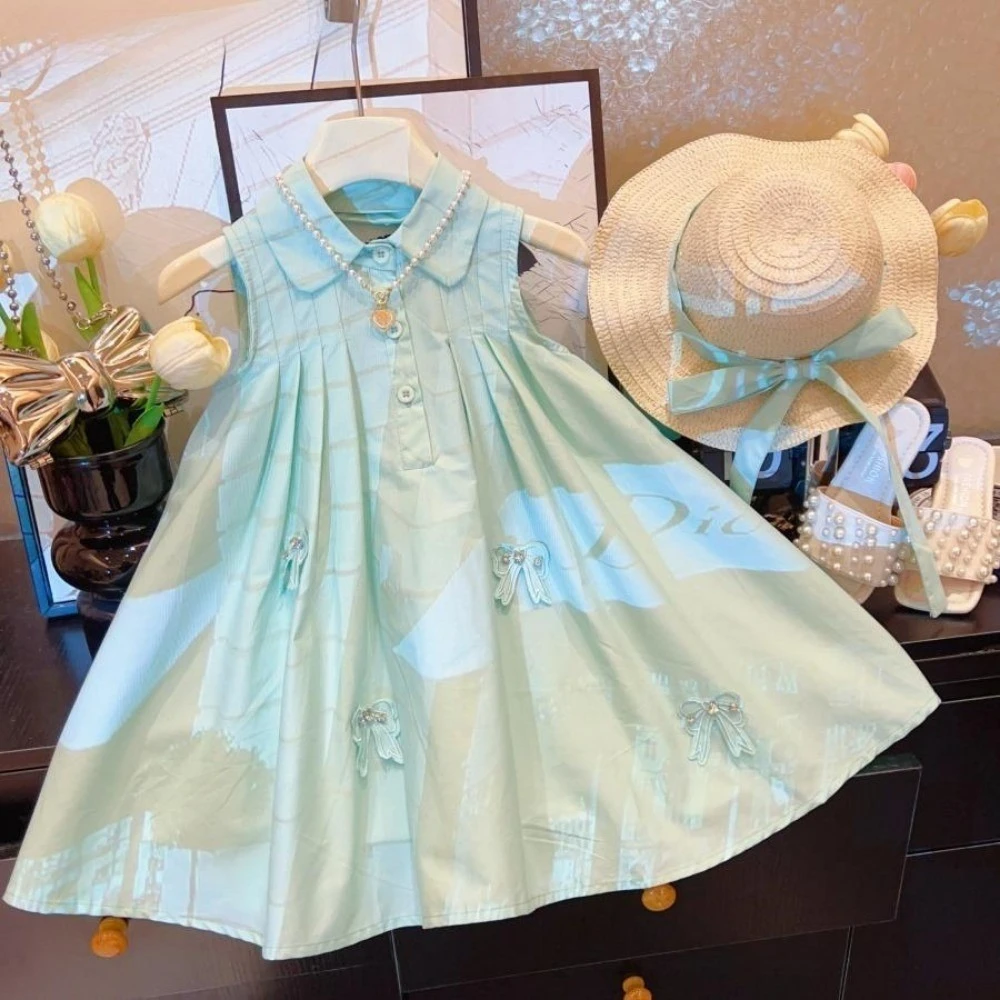 

Summer New Fashion Solid Color Girls Clothes Sweet Collar Bow Sleeveless Princess Dress +Hat 2Pcs Party Casual Wear