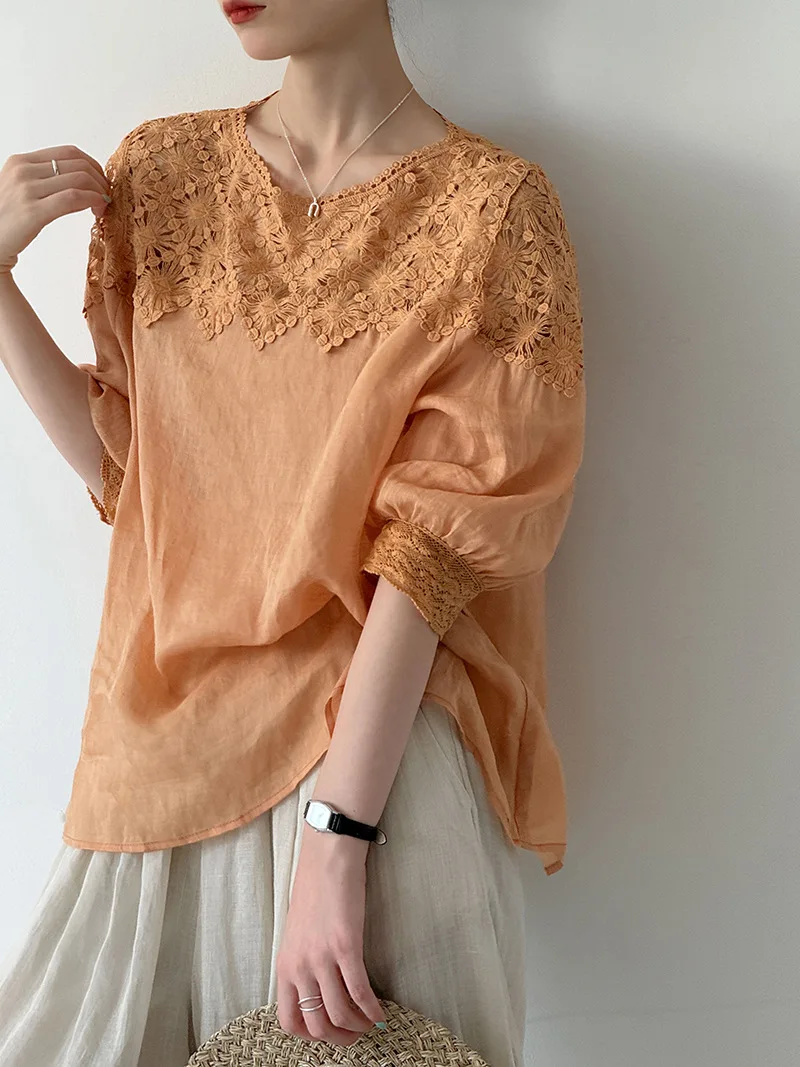 Blusas de Lino 100% para Mujer, Verano 2026, Manga Corta, Delgadas, a la Moda, Blusas y Camisas de Moda, Ropa Femenina