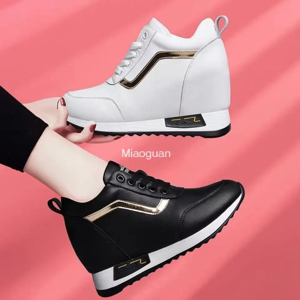 Vulcanized Shoes Women's Fashion Platform Wedge Sneakers High Quality Rhinestone Zipper Breathable Increased Casual Black Autumn