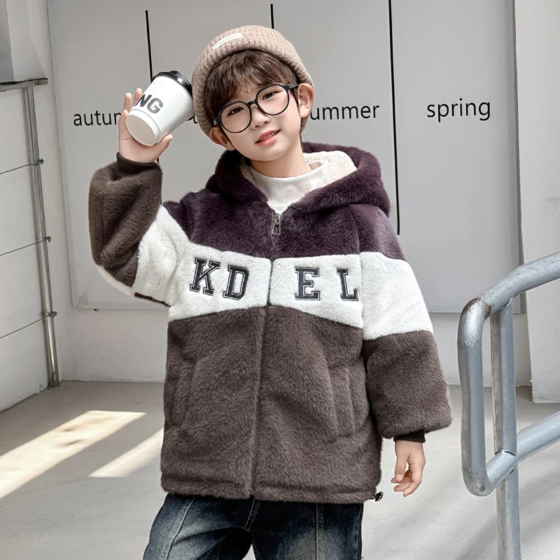 

Thiened Fce Hooded Letter Patterned Winter Jaet for Boys Warm Youth Casual Polyester Fiber Fill Coat Zipper Closure Lo...